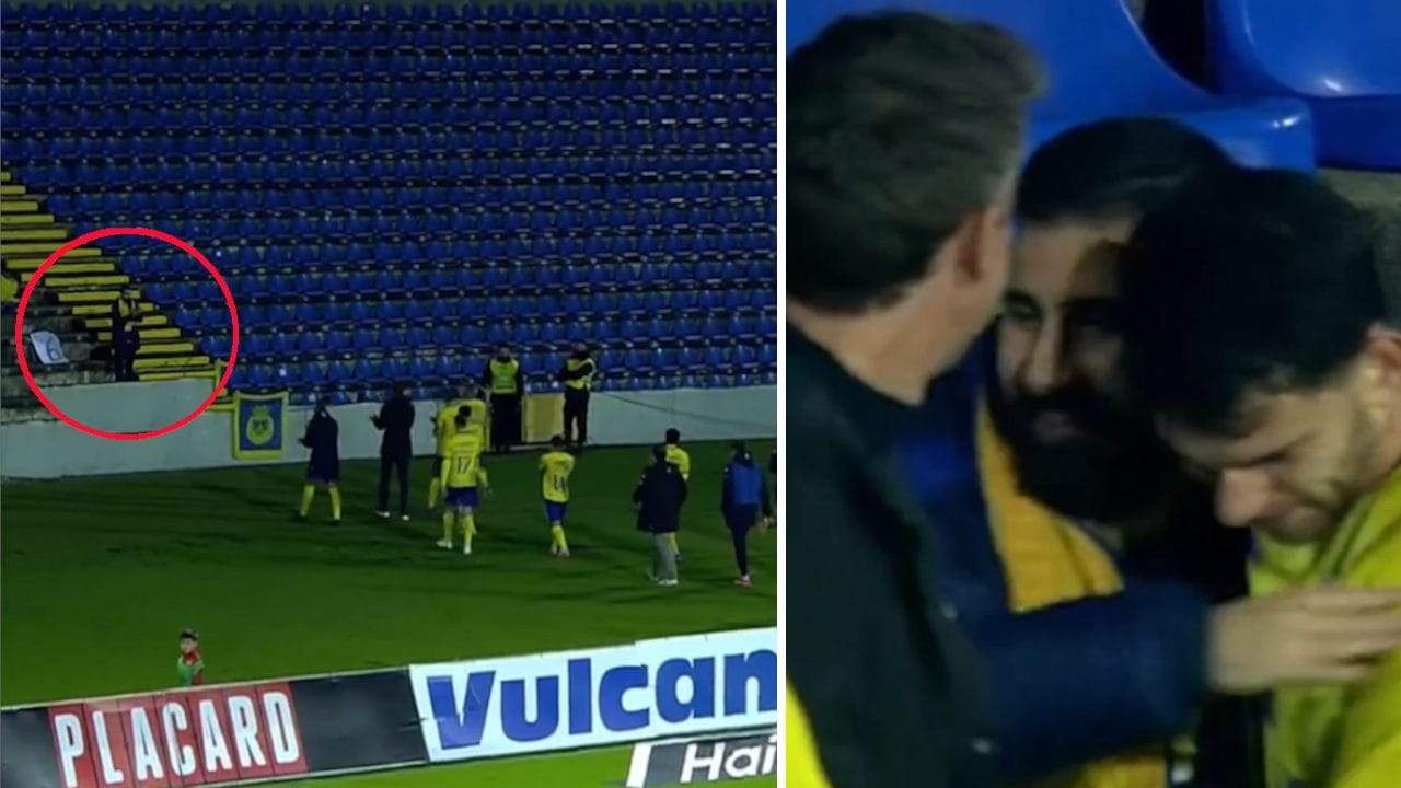 A fine partita i giocatori dell'Arouca vanno sotto la curva e abbracciano un tifoso: è un eroe