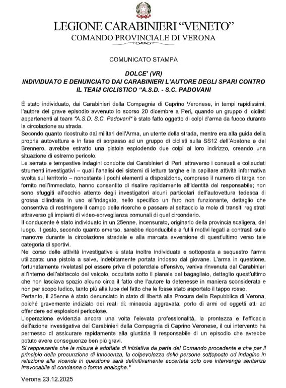 Il Comunicato dei Carabinieri del fermo e dell’identificazione dell’autore degli spari dall’auto