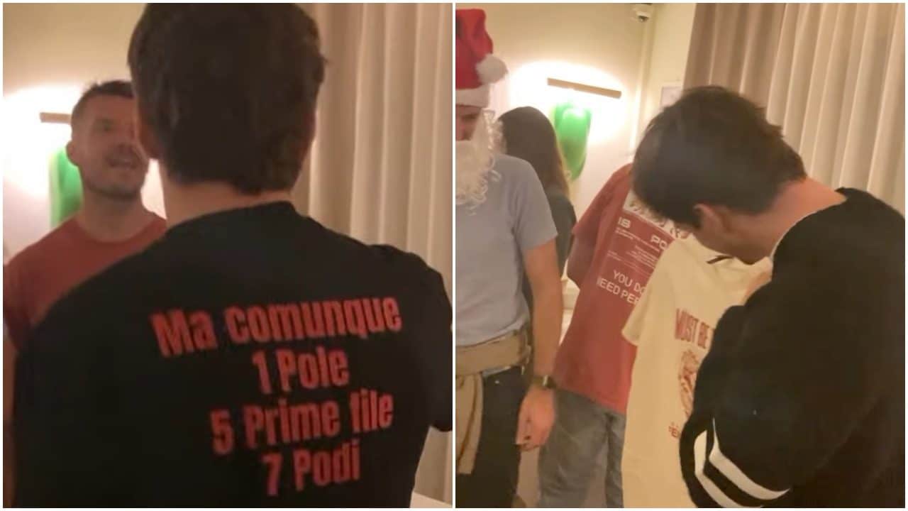 Charles Leclerc sorpreso dai regali di Natale di Bryan Bozzi e dei meccanici Ferrari, c'è ironia e riscatto