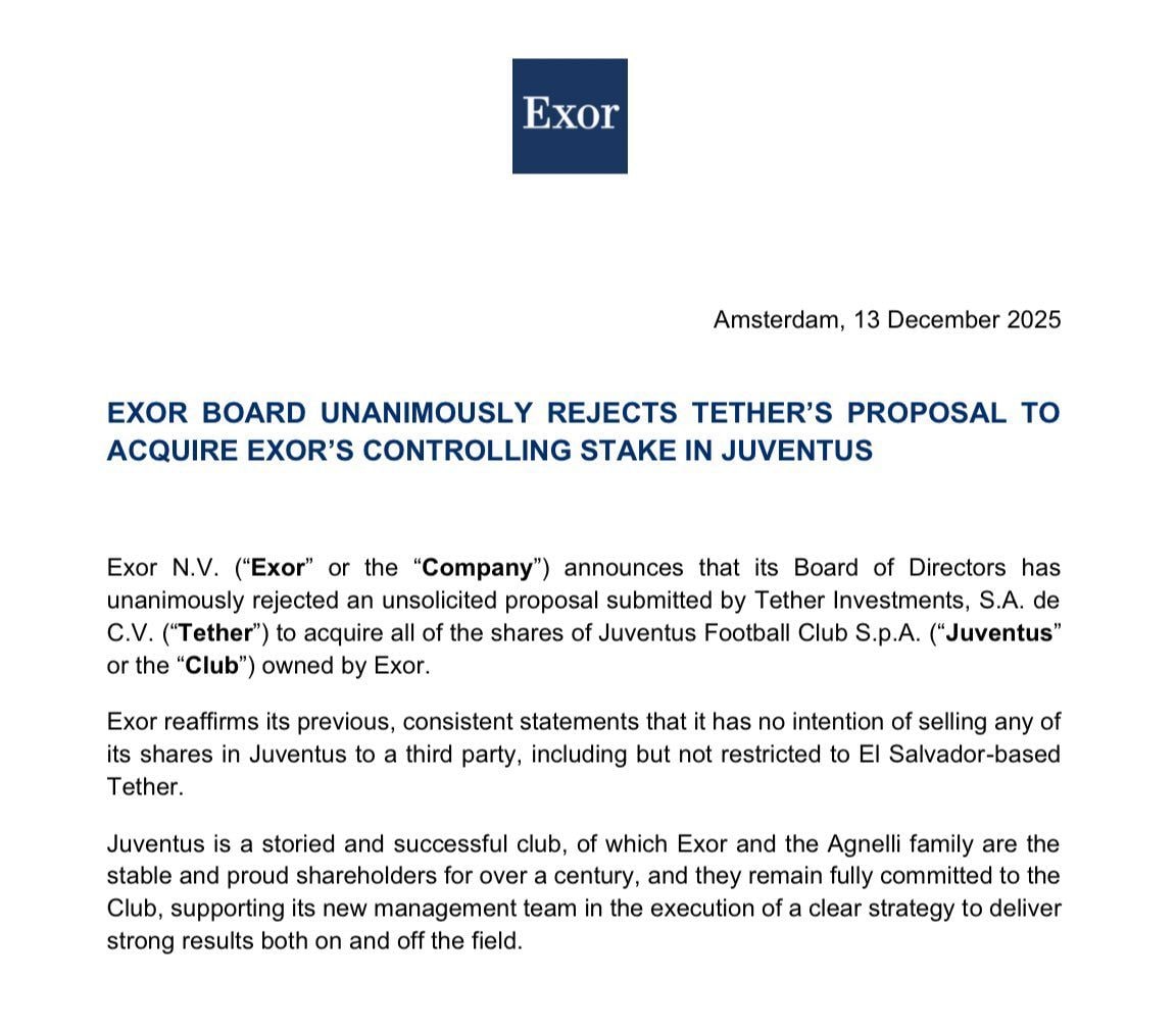 Il comunicato ufficiale di Exor con cui la holding della famiglia Agnelli ha respinto l’offerta di Tether