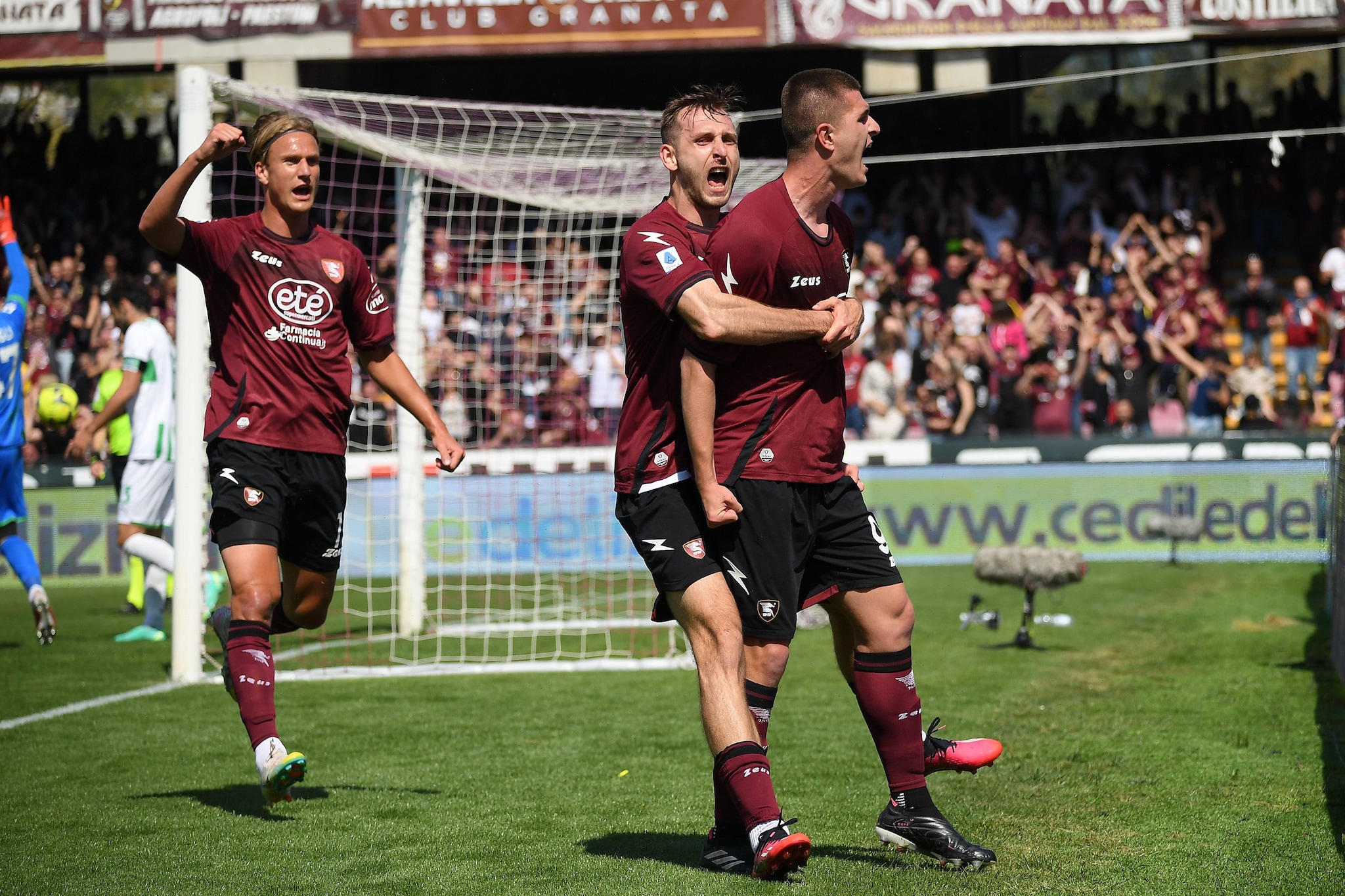 Pirola esulta dopo un gol con la Salernitana.