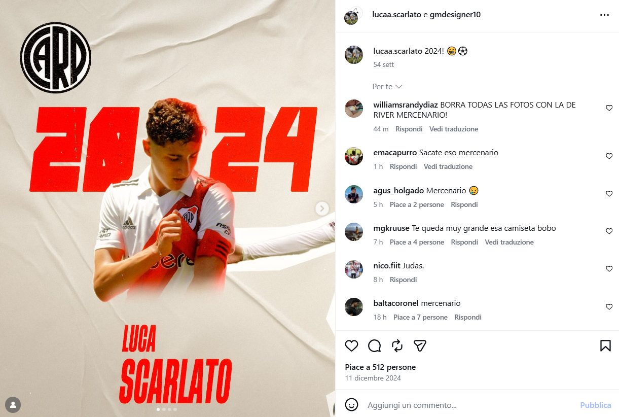 Uno dei tanti post sul profilo Instagram di Luca Scarlato in cui gli danno del mercenario