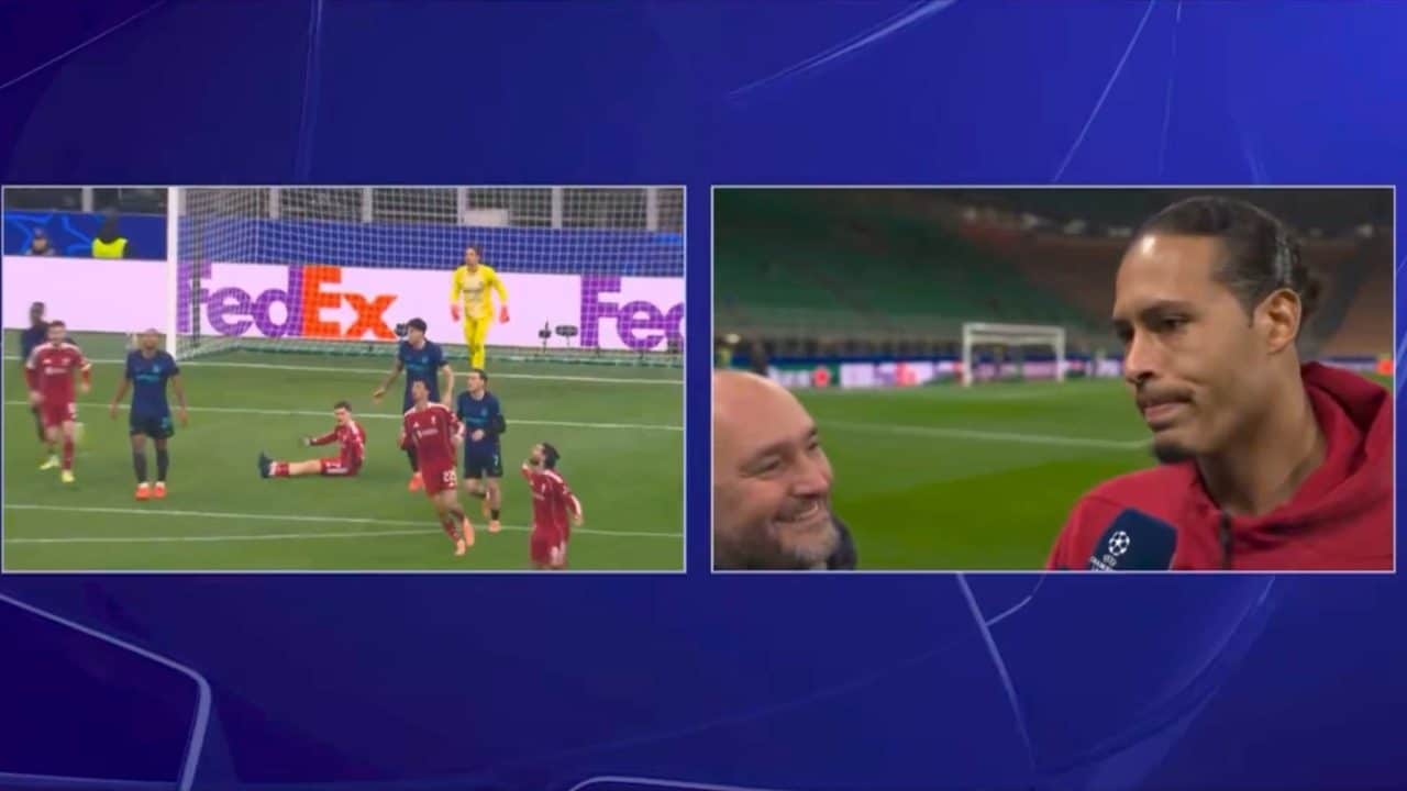Van Dijk in difficoltà quando rivede in diretta la trattenuta di Bastoni su Wirtz: "Sii sincero"