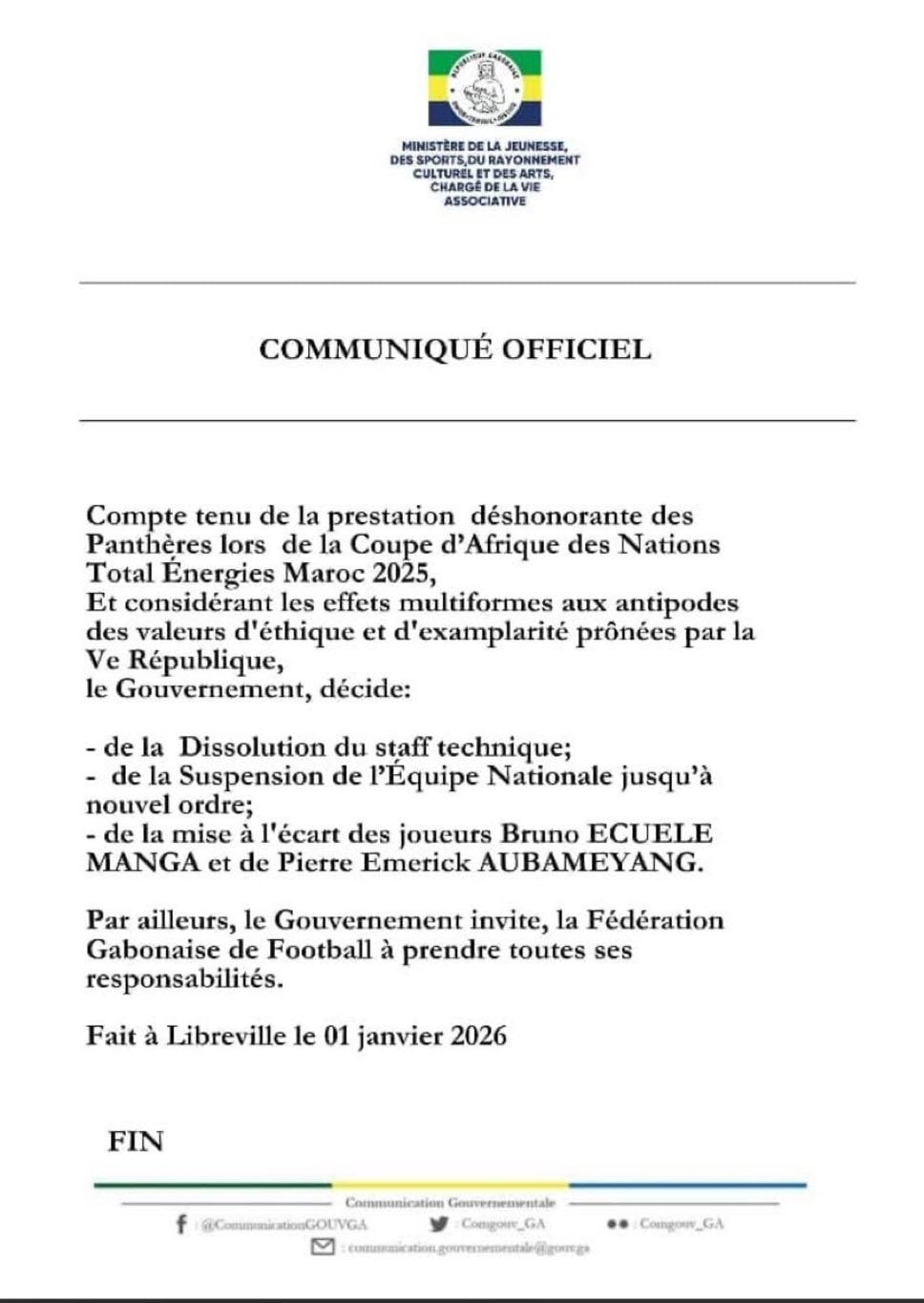 Il comunicato ufficiale firmato dal ministro dello Sport del Gabon con i clamorosi provvedimenti presi dopo l’eliminazione dalla coppa d’Africa