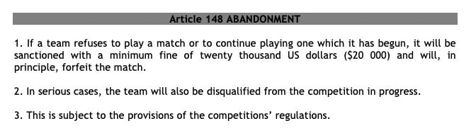 L’articolo del Codice Disciplinare CAF che specifica le sanzioni per l’abbandono della partita