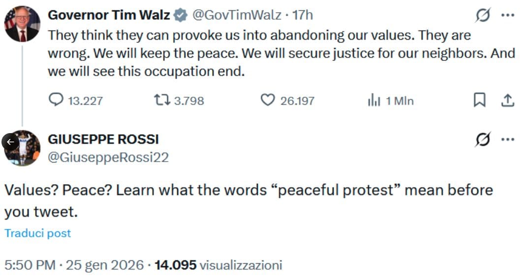 Il post di Rossi, che aveva risposto al governatore del Minnesota. Poi l’ex calciatore ha tolto tutto.