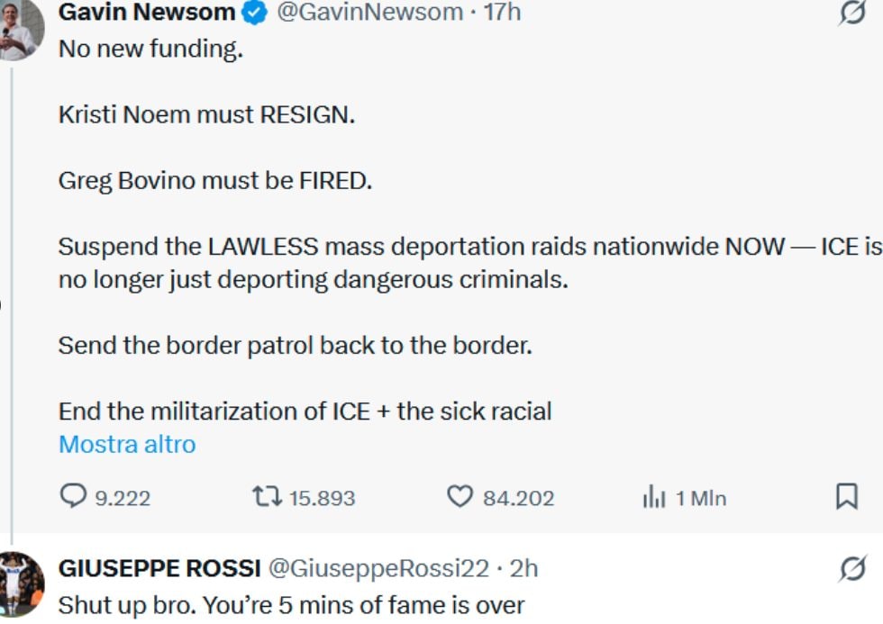 L’ex calciatore ha risposto anche a un post del governatore della California Gavin Newsom.
