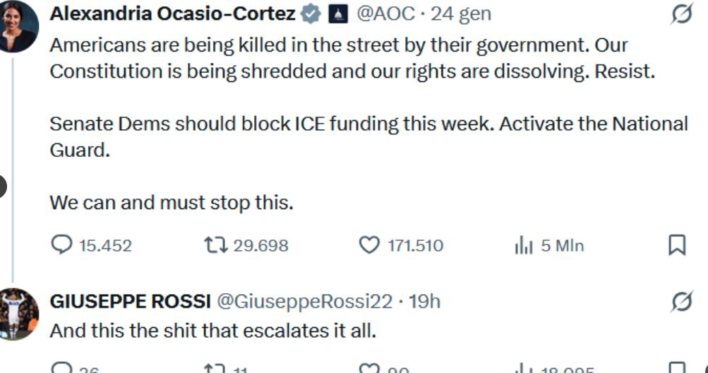 Parole severissime quelle di Rossi verso la deputata Ocasio–Cortez, anche questo messaggio è stato poi cancellato.