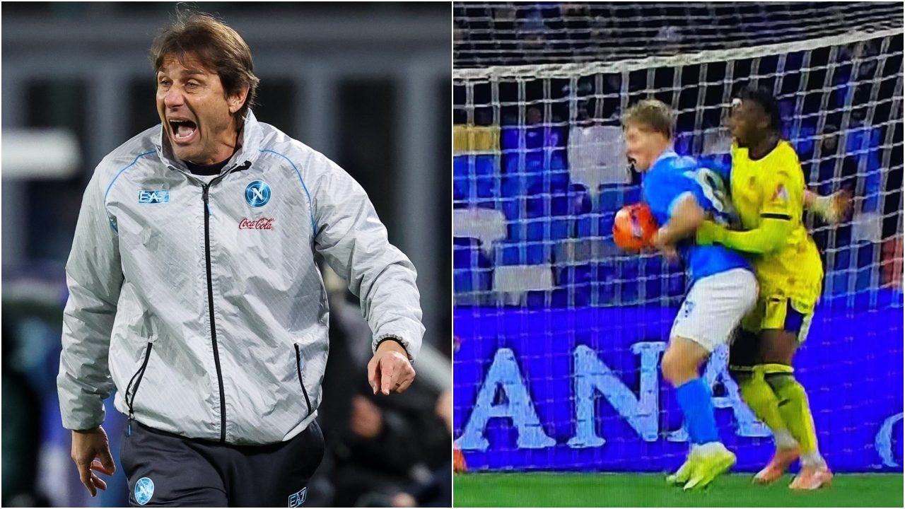 Antonio Conte in diretta TV sul gol annullato a Hojlund: "Cosa doveva fare? Amputarsi il braccio?"
