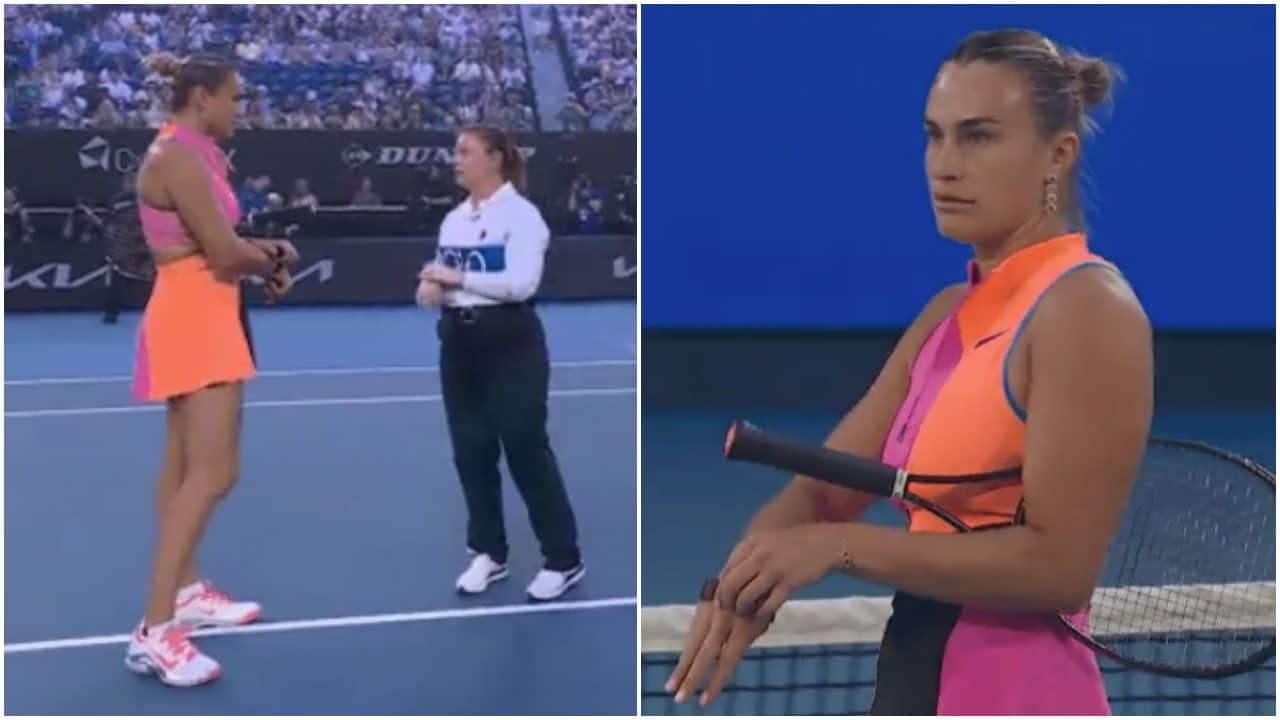 Aryna Sabalenka resta interdetta e guarda il suo team all'Australian Open: deve togliersi l'aggeggio