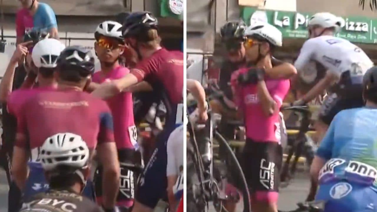 La caduta in gara diventa una rissa da bar tra i ciclisti: spinte e pugni, poi tutti di nuovo in sella