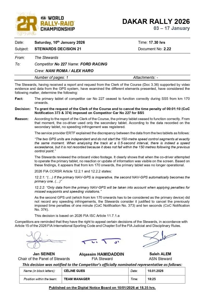 La nota con il verdetto ufficiale degli Stewards FIA sul ricorso alla penalità comminata a Nani Roma nel corso della quinta tappa della Dakar 2026