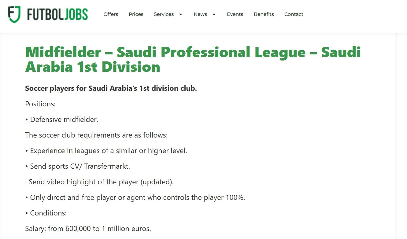 L’annuncio apparso su Futboljobs con tanto di caratteristiche richieste e l’offerta economica