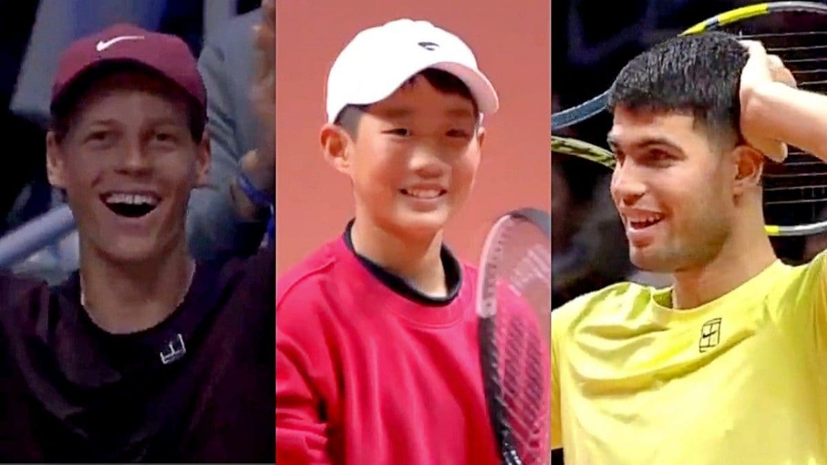 Lo stupore si Sinner e Alcaraz che assistono meravigliati alla "prodezza" del ragazzino.