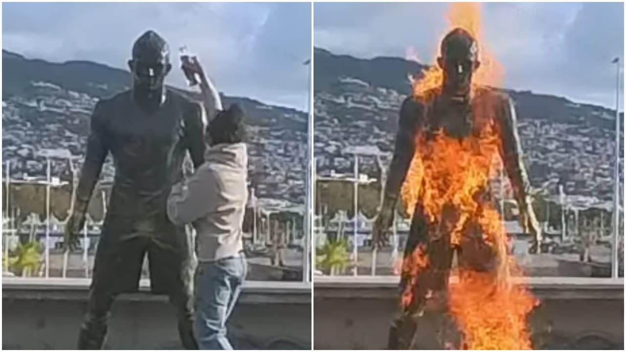 La statua di Cristiano Ronaldo data alle fiamme, chi è il vandalo fermato dalla polizia