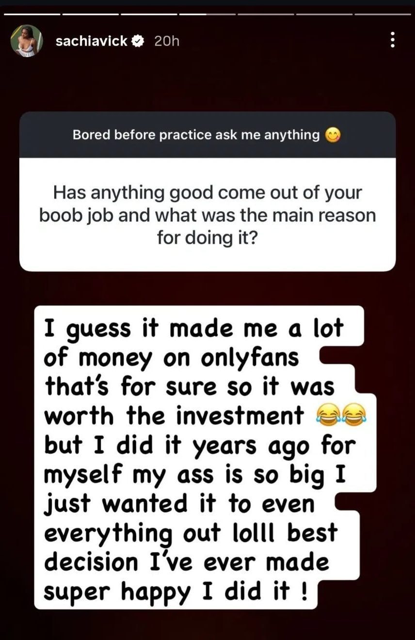 La storia Instagram con la risposta di Sachia Vickery
