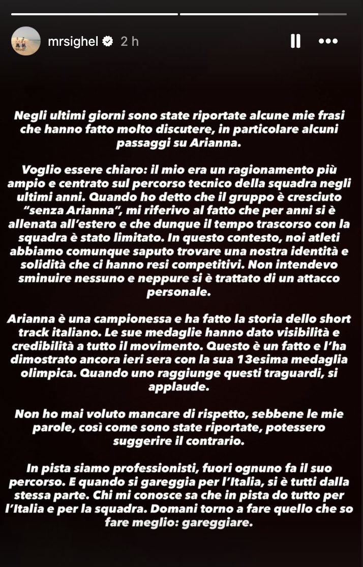 La storia pubblicata da Sighel su Instagram