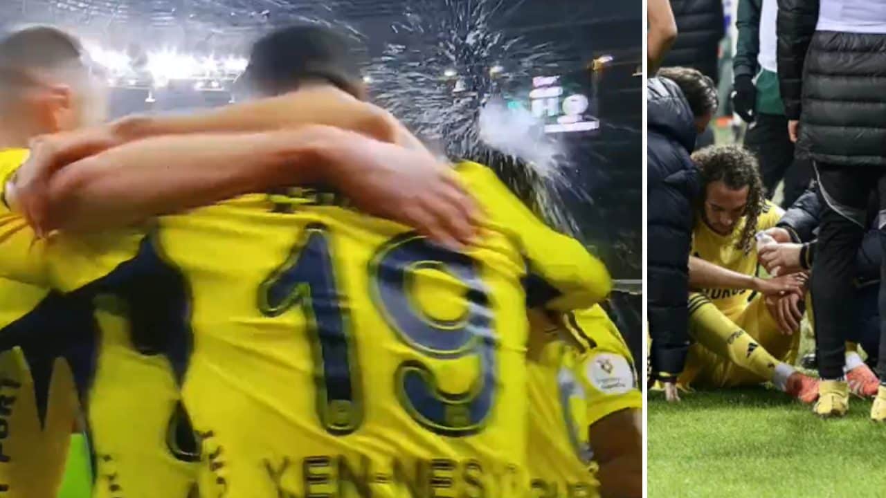 Il Fenerbahce segna, Guendouzi esulta: l'ex Lazio colpito da una bottiglia alla testa, crolla a terra