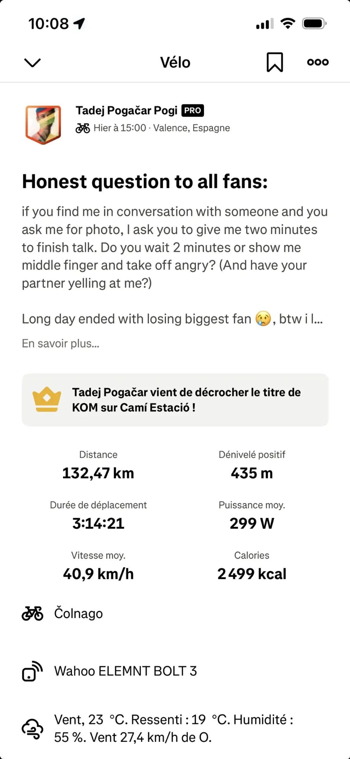 Il post di Pogacar sul confronto col tifoso durante gli allenamenti