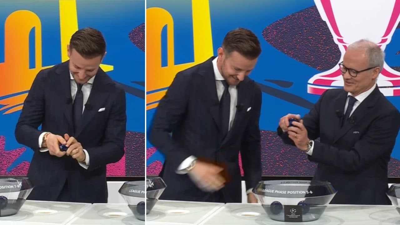 Il momento più imbarazzante del sorteggio Champions, Rakitic scivola sulla pallina: "Colpa della crema"