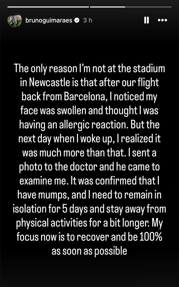 Il messaggio pubblicato da Bruno Guimaraes su Instagram