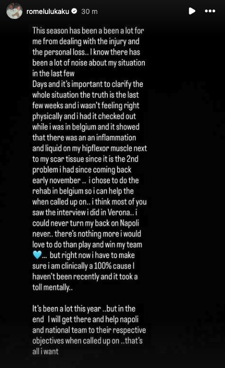 La story scritta da Lukaku sul suo account Instagram.