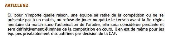 L’articolo 82 dei Règlements de la Coupe d’Afrique des Nations