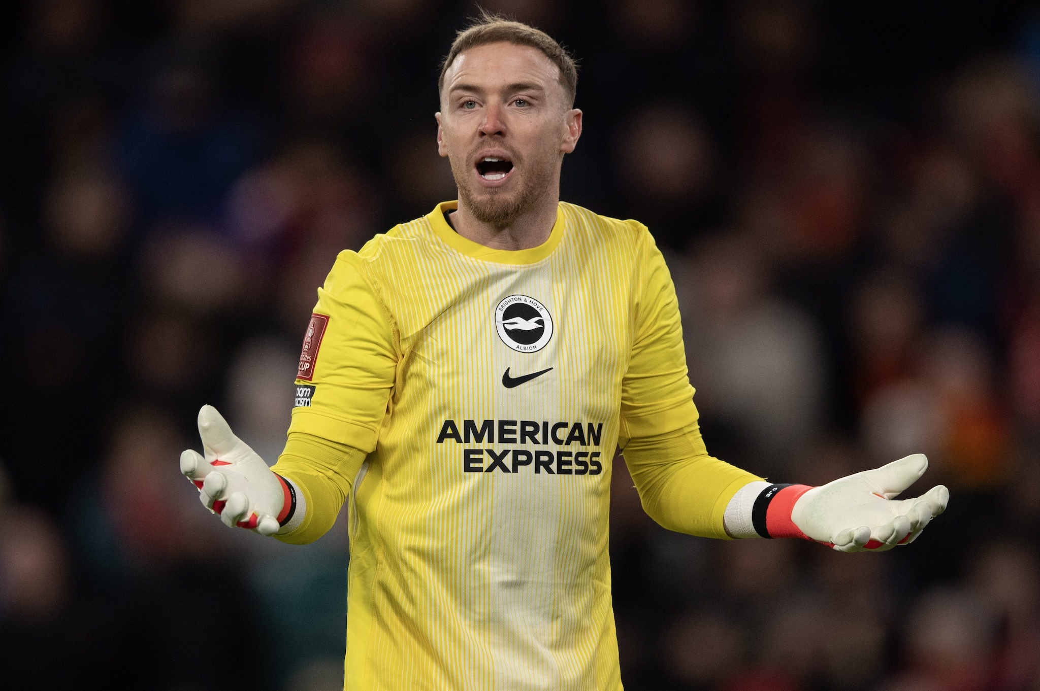 Jason Steele durante il match perso 3–0 dal Brighton contro il Liverpool in FA Cup lo scorso 14 febbraio