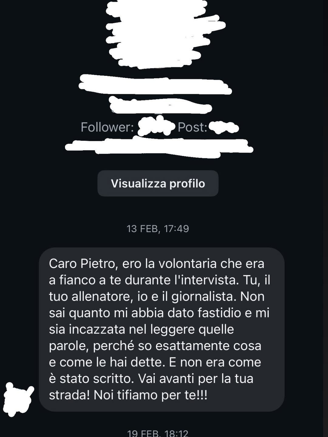 Lo screenshot del messaggio privato ricevuto da Pietro Sighel