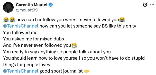 Il post di risposta di Corentin Moutet alle parole di Danielle Collins