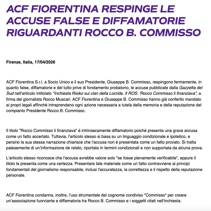 Parte della nota pubblicata dalla società Fiorentina.
