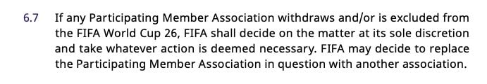L’articolo 6.7 del regolamento ufficiale della Coppa del Mondo 2026