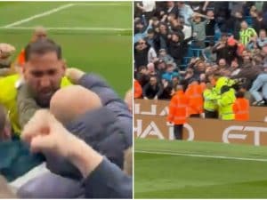 Donnarumma si tuffa in mezzo ai tifosi del Manchester City: viene trascinato via dalla sicurezza