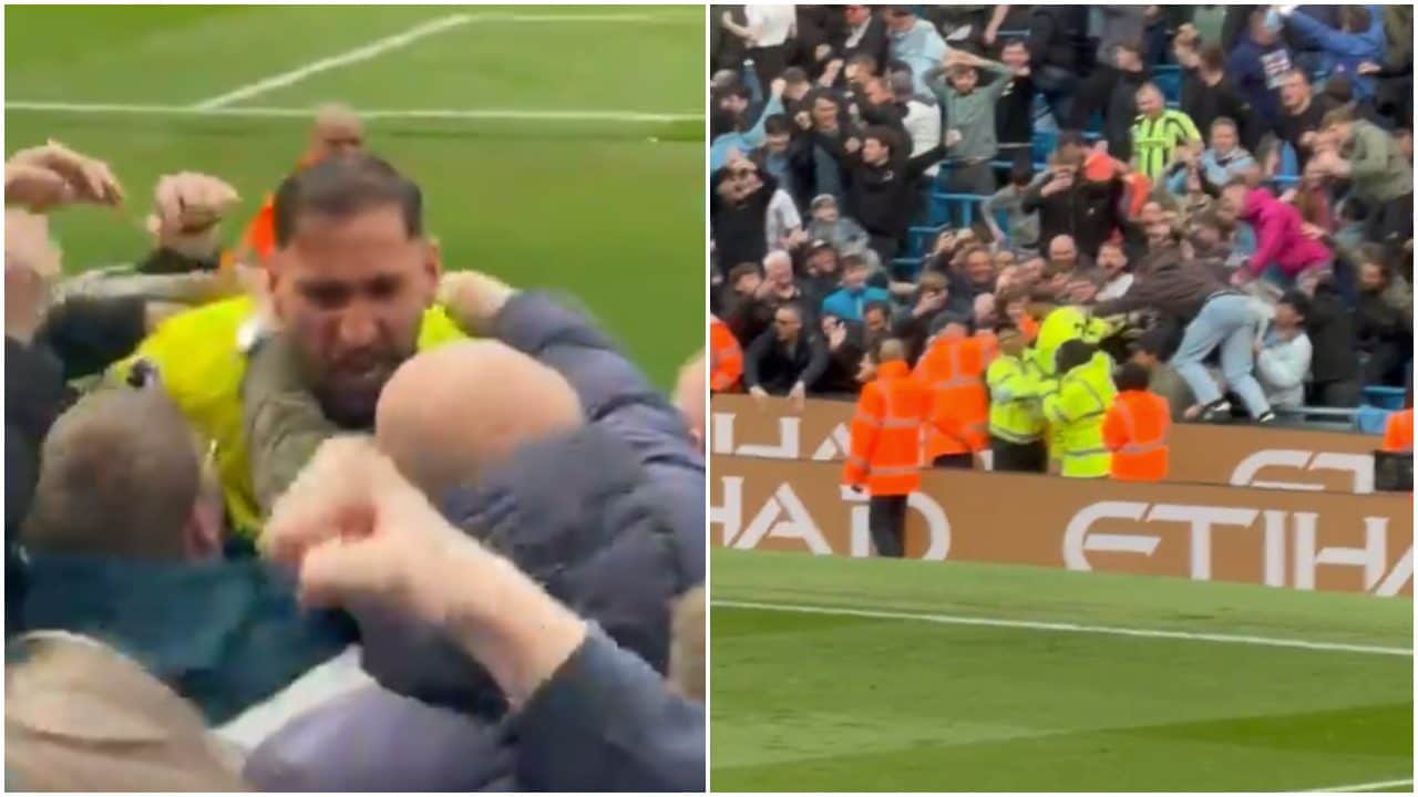 Donnarumma si tuffa in mezzo ai tifosi del Manchester City: viene trascinato via dalla sicurezza
