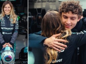 George Russell e Kimi Antonelli abbracciano Doriane Pin in Mercedes: è il suo debutto ufficiale ai test