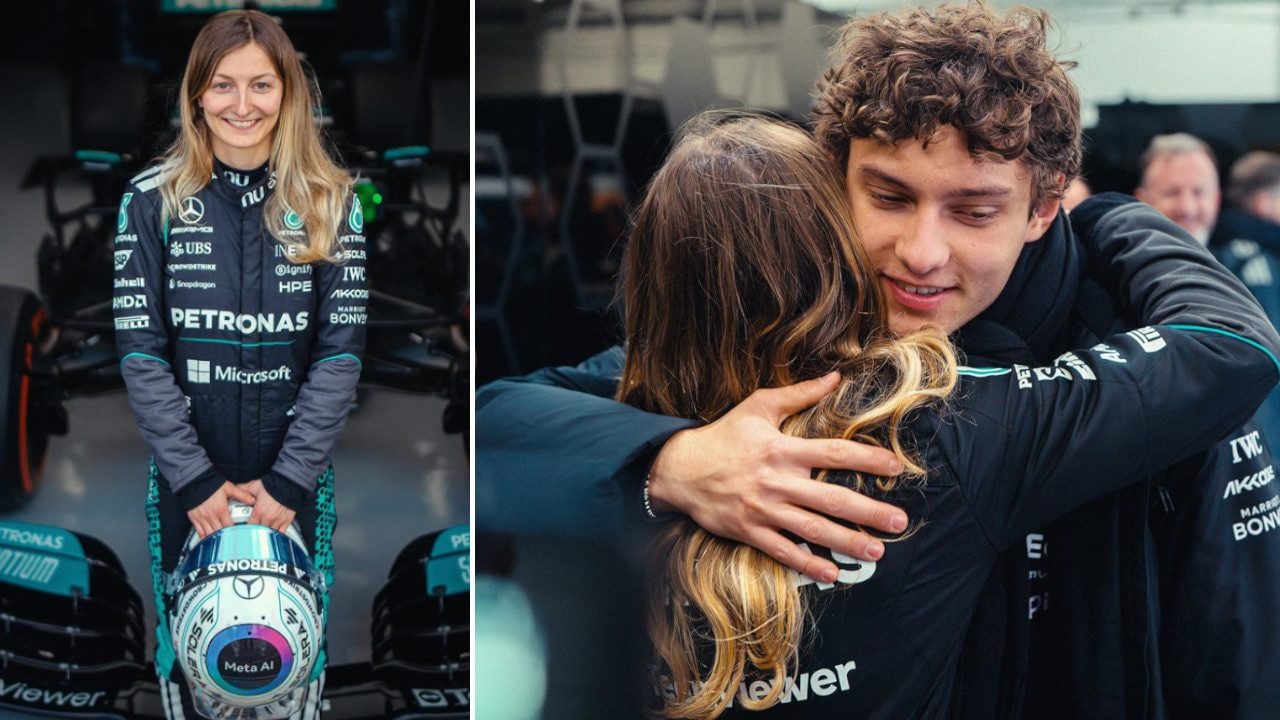 George Russell e Kimi Antonelli abbracciano Doriane Pin in Mercedes: è il suo debutto ufficiale ai test