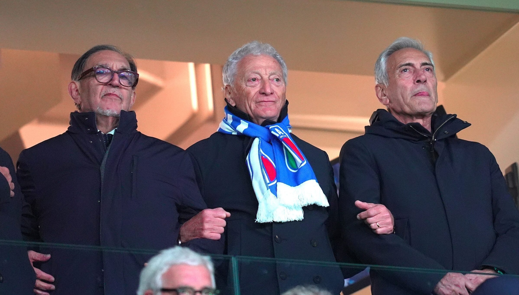 Il presidente del Coni, Luciano Buonfiglio, tra il Presidente del Senato, La Russa, e Gabriele Gravina.