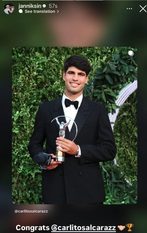 Sinner si è complimentato con una stories con Alcaraz, vincitore del premio di miglior atleta ai Laureus.