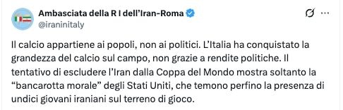 Il post dell’ambasciata dell’Iran a Roma sferzante sul ripescaggio dell’Italia ai Mondiali