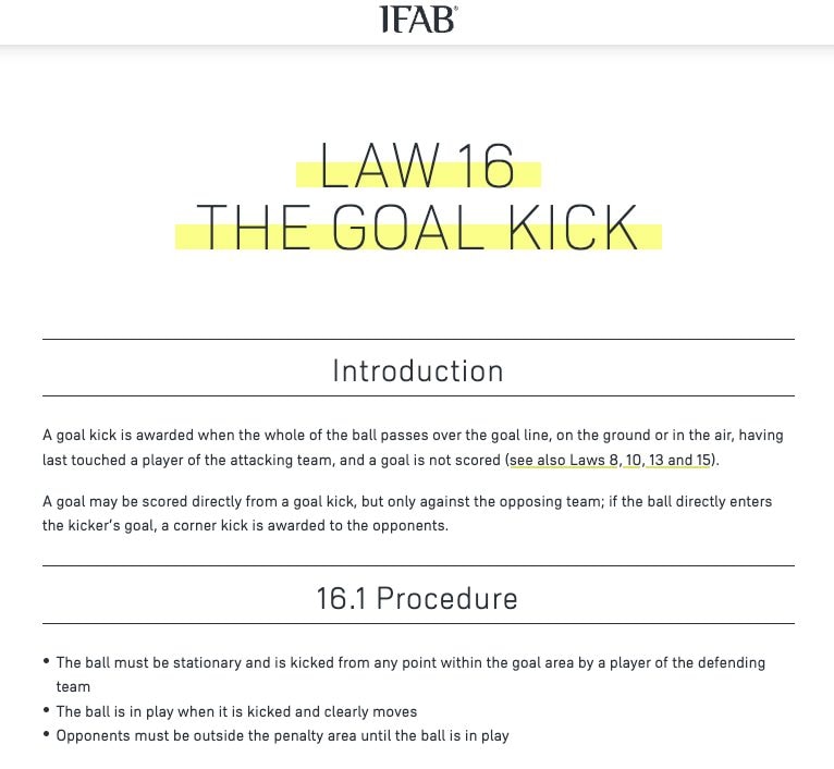 La Regola 16 sul "calcio di rinvio"