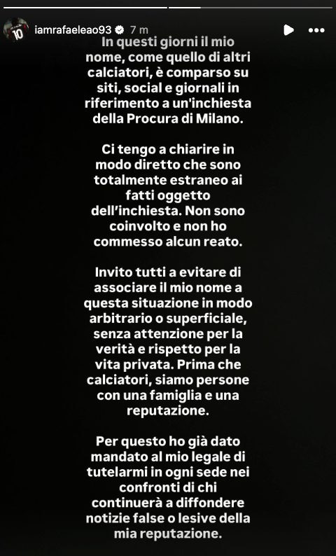 La storia Instagram di Rafa Leao sull’inchiesta milanese sulle escort