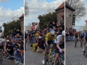 Spavento per Van der Poel al Giro delle Fiandre: la transenna cede e i tifosi franano sul pavé