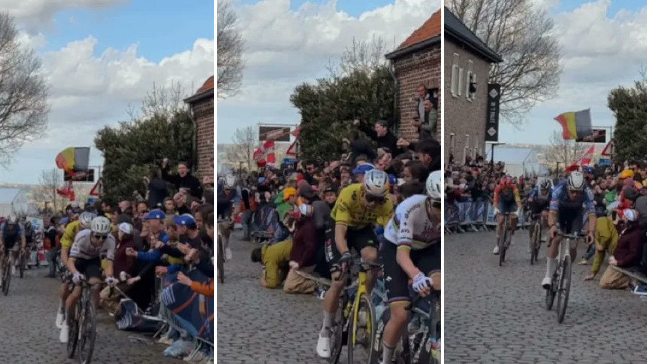 Spavento per Van der Poel al Giro delle Fiandre: la transenna cede e i tifosi franano sul pavé
