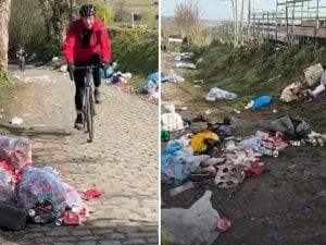 Vandali al Giro delle Fiandre lungo il pavé del Kwaremont: rifiuti e bagni chimici rovesciati