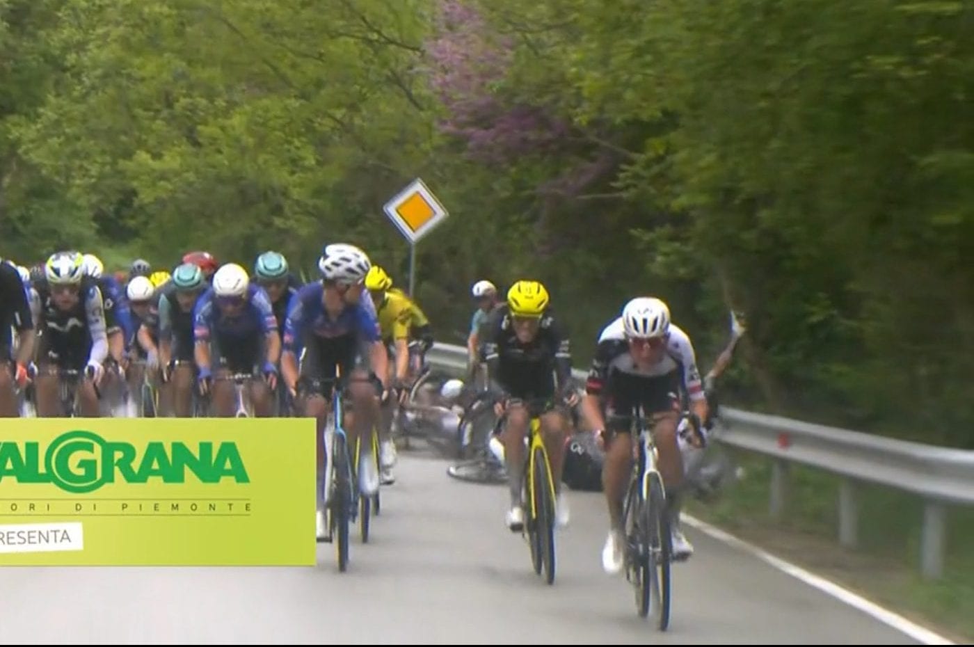 Il momento in cui i ciclisti volano sotto il guard rail.