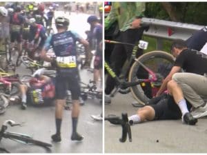 Terribile caduta al Giro d’Italia, volano le bici e ciclisti sotto il guard rail: Silva vince la tappa