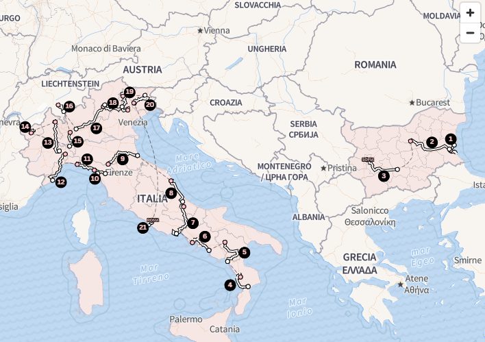Tutte le 21 tappe e tutti i trasferimenti Nessebar a Roma: oltre 7.000km da percorrere in sole 3 settimane