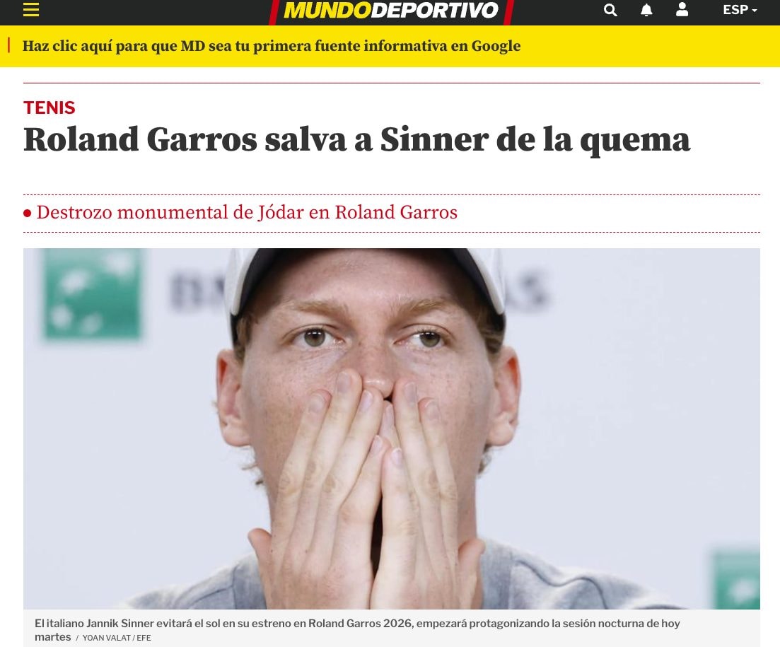 L’articolo del ’Mundo Deportivo’ su Jannik Sinner al Roland Garros