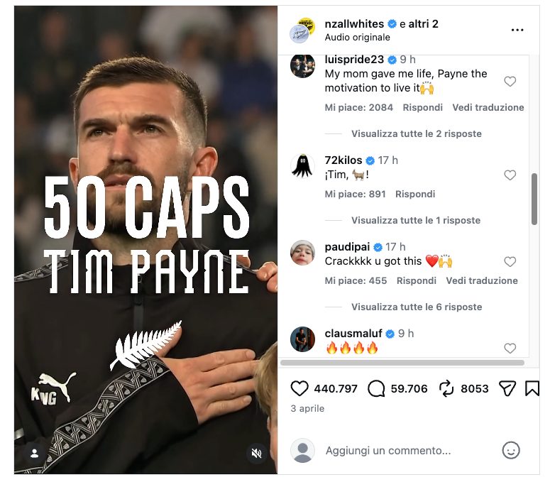 L’ultimo post di Tim Payne su Instagram, inondato di like e di commenti assurdi