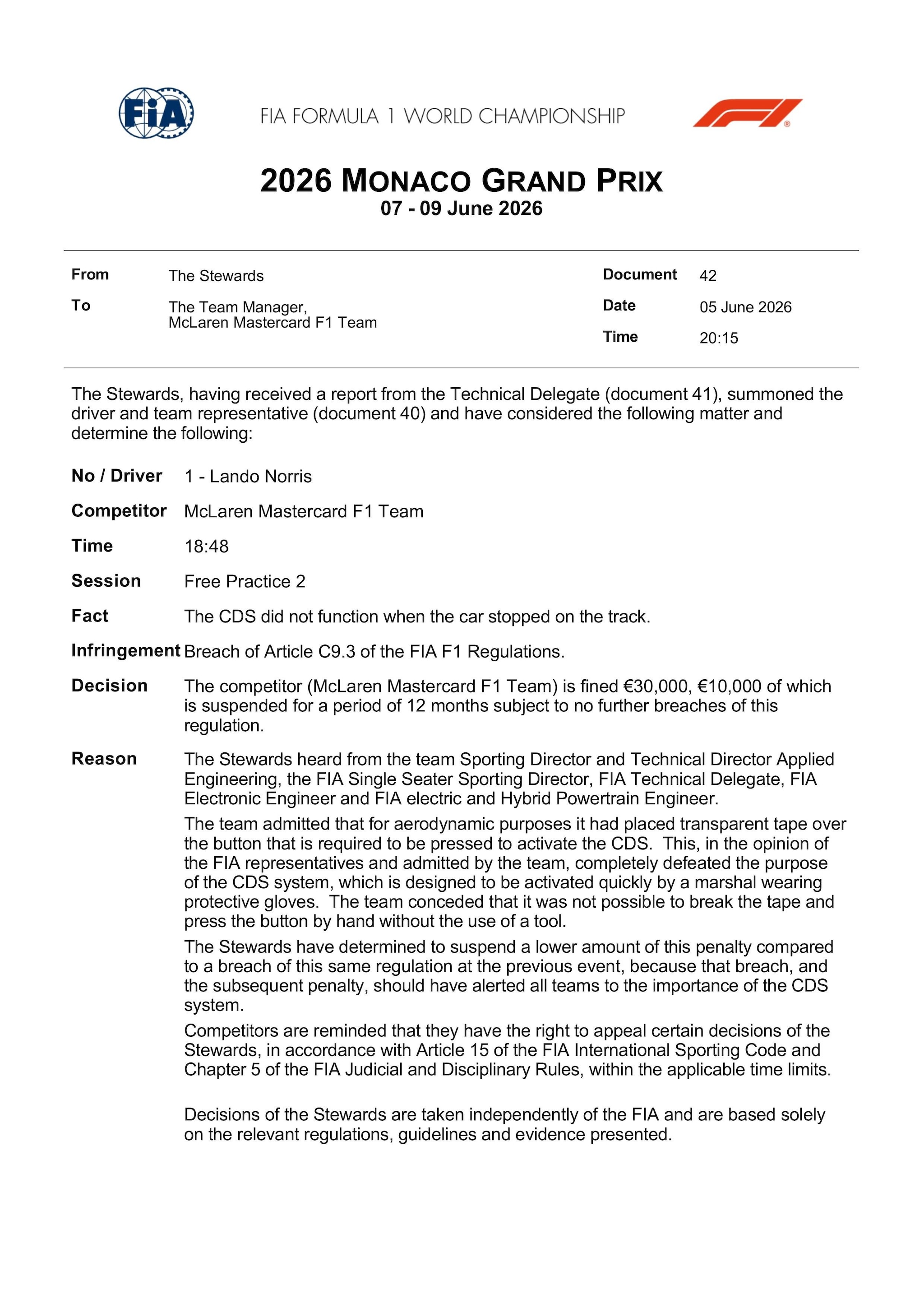 La decisione dei Commissari FIA del GP di Monaco della Formula 1 2026 riguardo alla violazione della McLaren